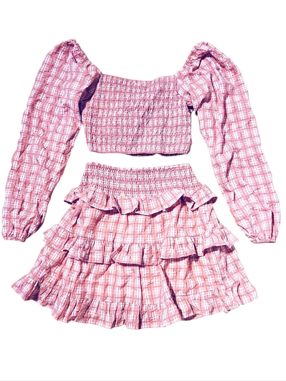 ILLA ILLA Anthropologie Pink Plaid Two Piece Crop Top Ruffle Skirt Set S NWOT